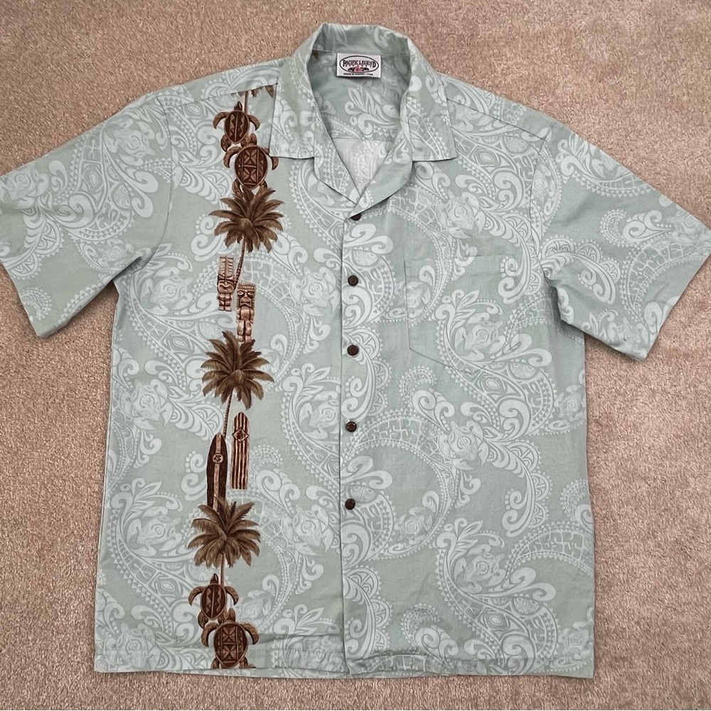 Pacific Legend Shirt Adult Green Large Button Up Hawaiian Casual Cotton Men